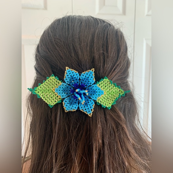Large Blue Beaded Flower Hair Clip - Boho Chic Hair Accessories - Picture 4 of 5